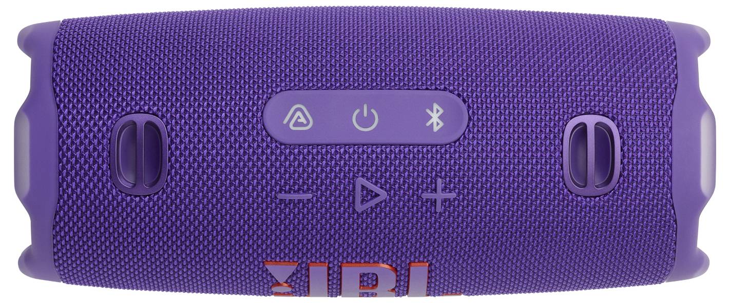 Un haut-parleur Bluetooth portable violet avec des boutons de contrôle sur le dessus pour la mise en marche, l'appariement Bluetooth et le réglage du volume.