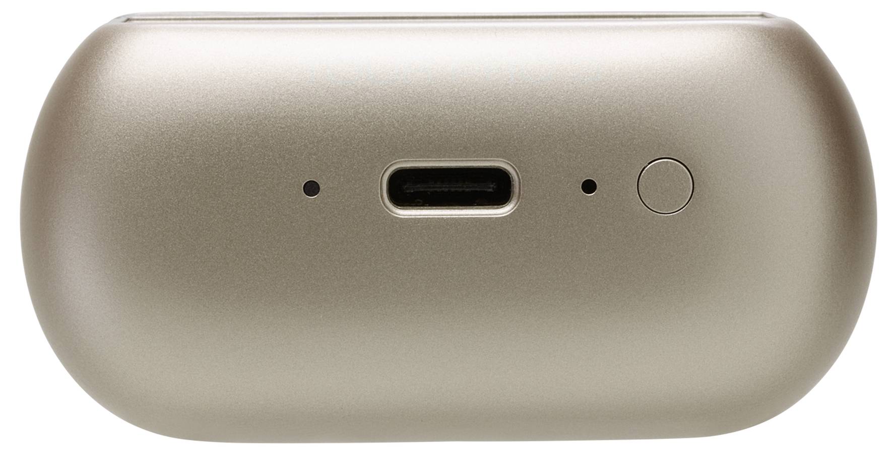 Un gros plan d'un boîtier de charge d'appareil électronique avec une finition métallique, présentant un port USB-C central, deux petites lumières indicatrices et un bouton.