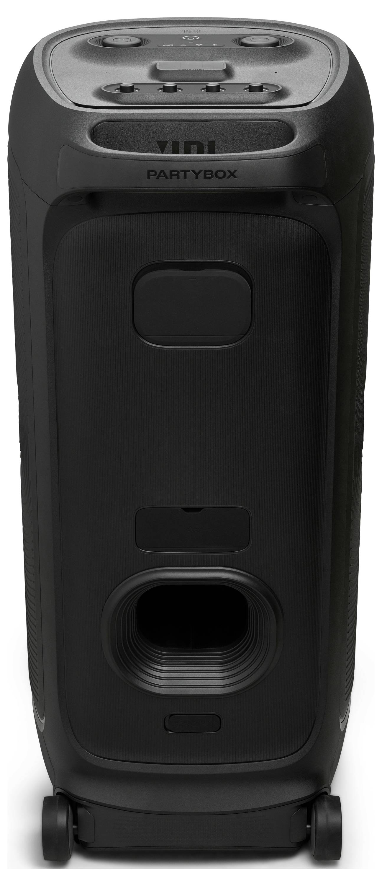 Un haut-parleur portable noir pour soirées, équipé de roues et d'une poignée pour un transport facile.