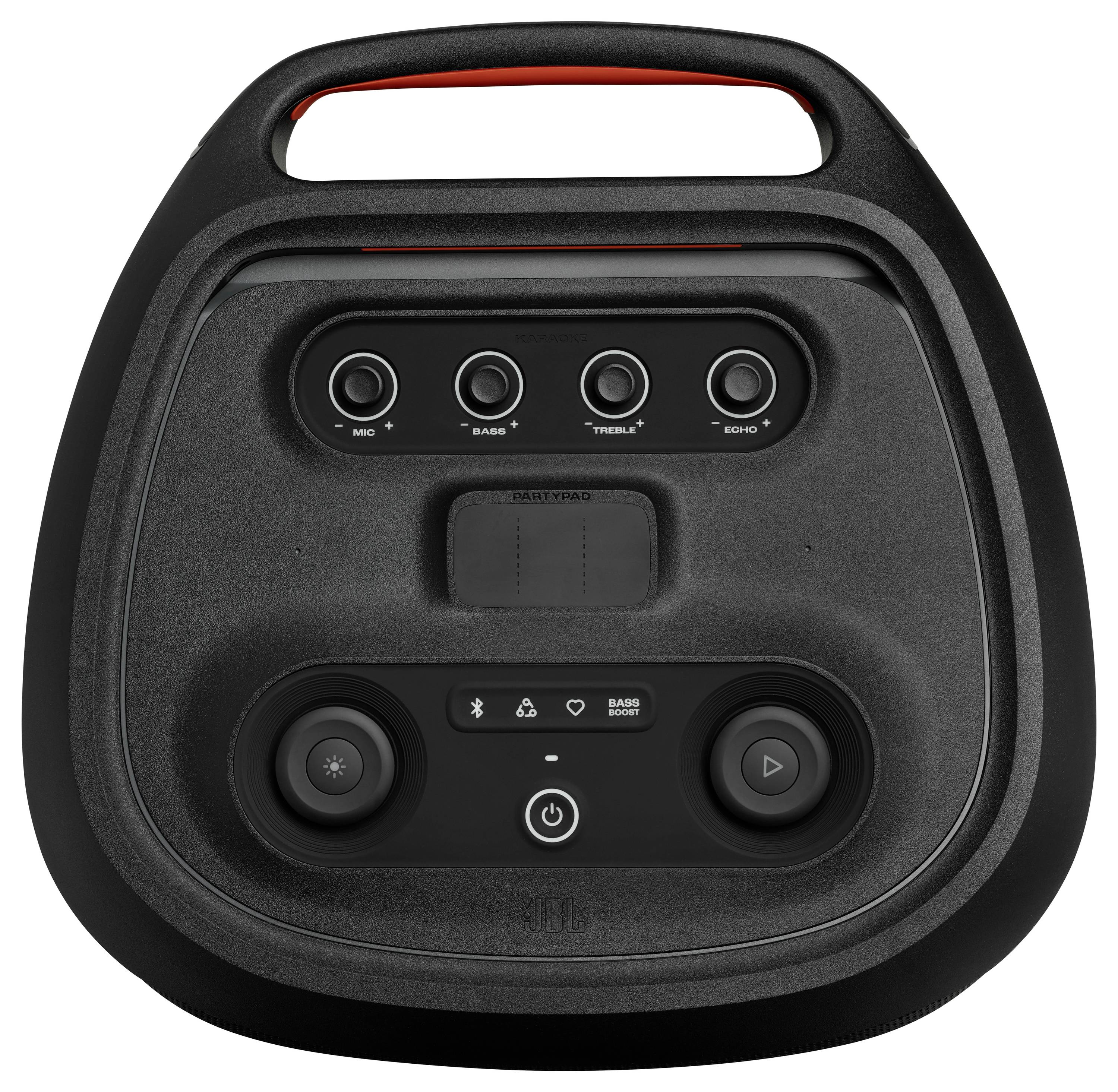 Panneau de commande d'enceinte portable avec des molettes pour 'Médium', 'Basses', 'Aigus' et 'Écho', avec un écran d'affichage et un bouton d'alimentation central.