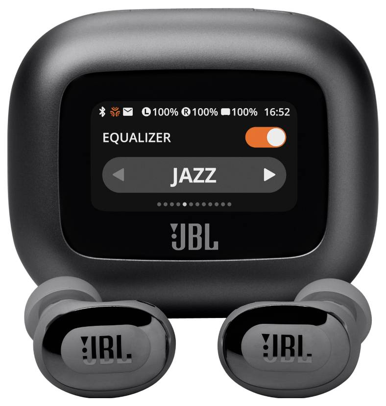 L'image présente une paire d'écouteurs sans fil JBL et un boîtier de charge avec un écran LED affichant l'égaliseur réglé sur 'Jazz'.
