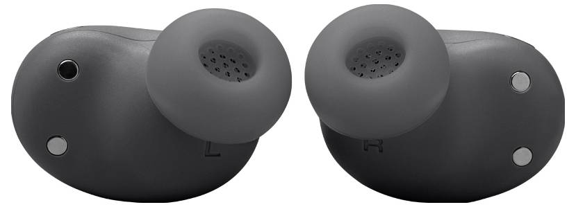 Deux écouteurs sans fil noirs portant les marquages « L » et « R » indiquant les côtés gauche et droit, vus du côté de l'embout auriculaire.