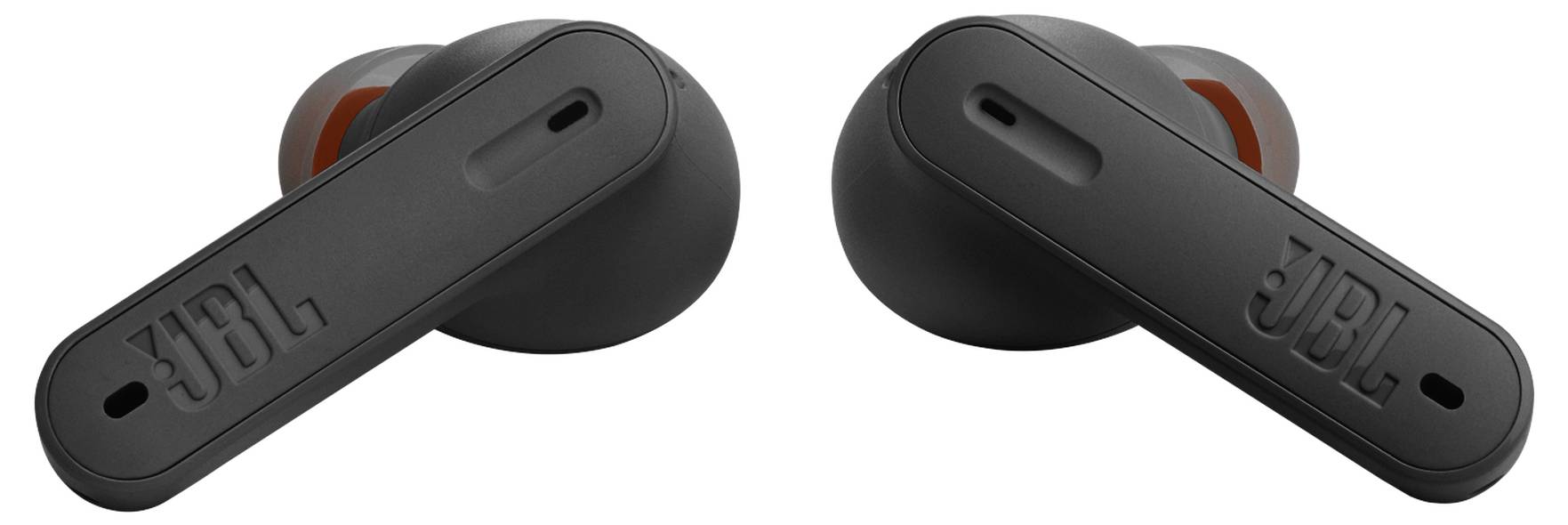 Écouteurs sans fil JBL noirs avec tiges allongées, présentant un design épuré.