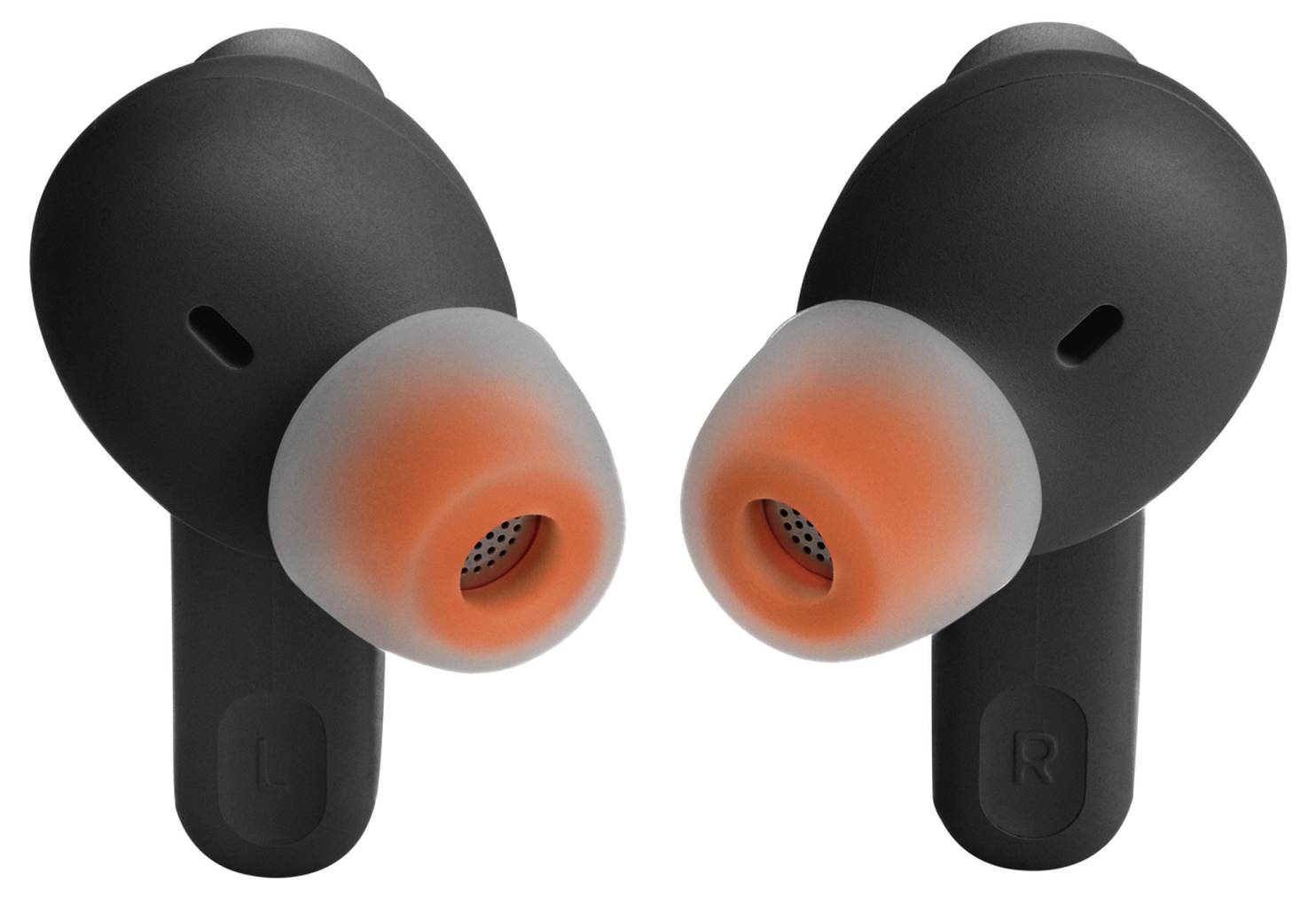 Écouteurs sans fil noirs avec embouts orange, étiquetés « L » et « R », orientés vers l'avant.