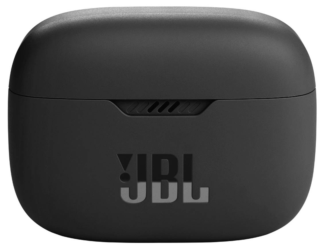 Étui de chargement pour écouteurs JBL noirs, vu de face, avec le logo JBL bien visible.
