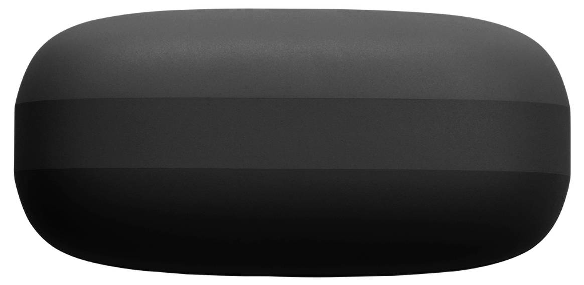 Un étui ovale noir vu de côté, présentant une surface lisse, mate et des bords arrondis.