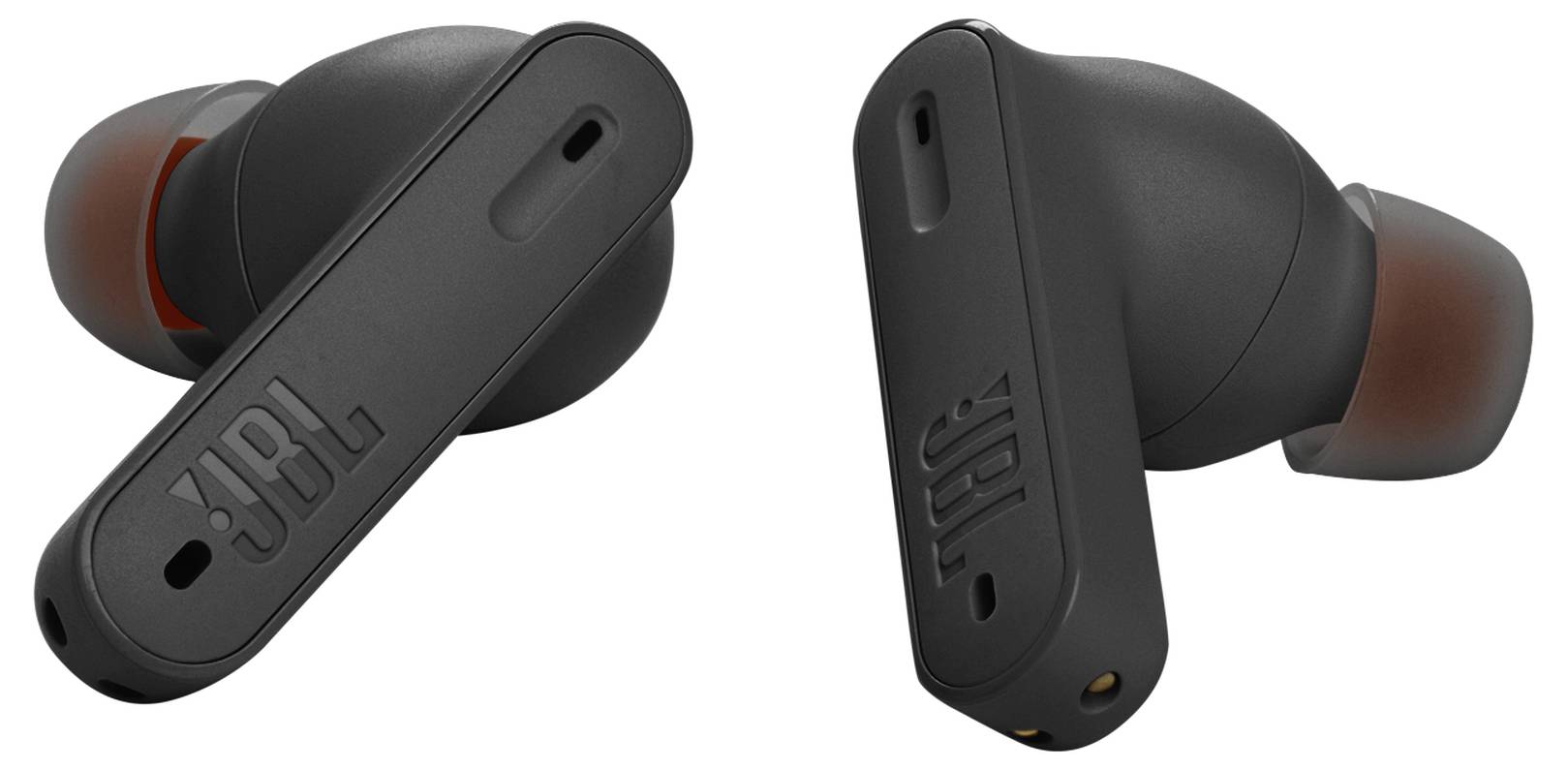 Deux écouteurs sans fil noirs avec des embouts rouge, portant le logo 'JBL' sur le côté, présentés sous différents angles.