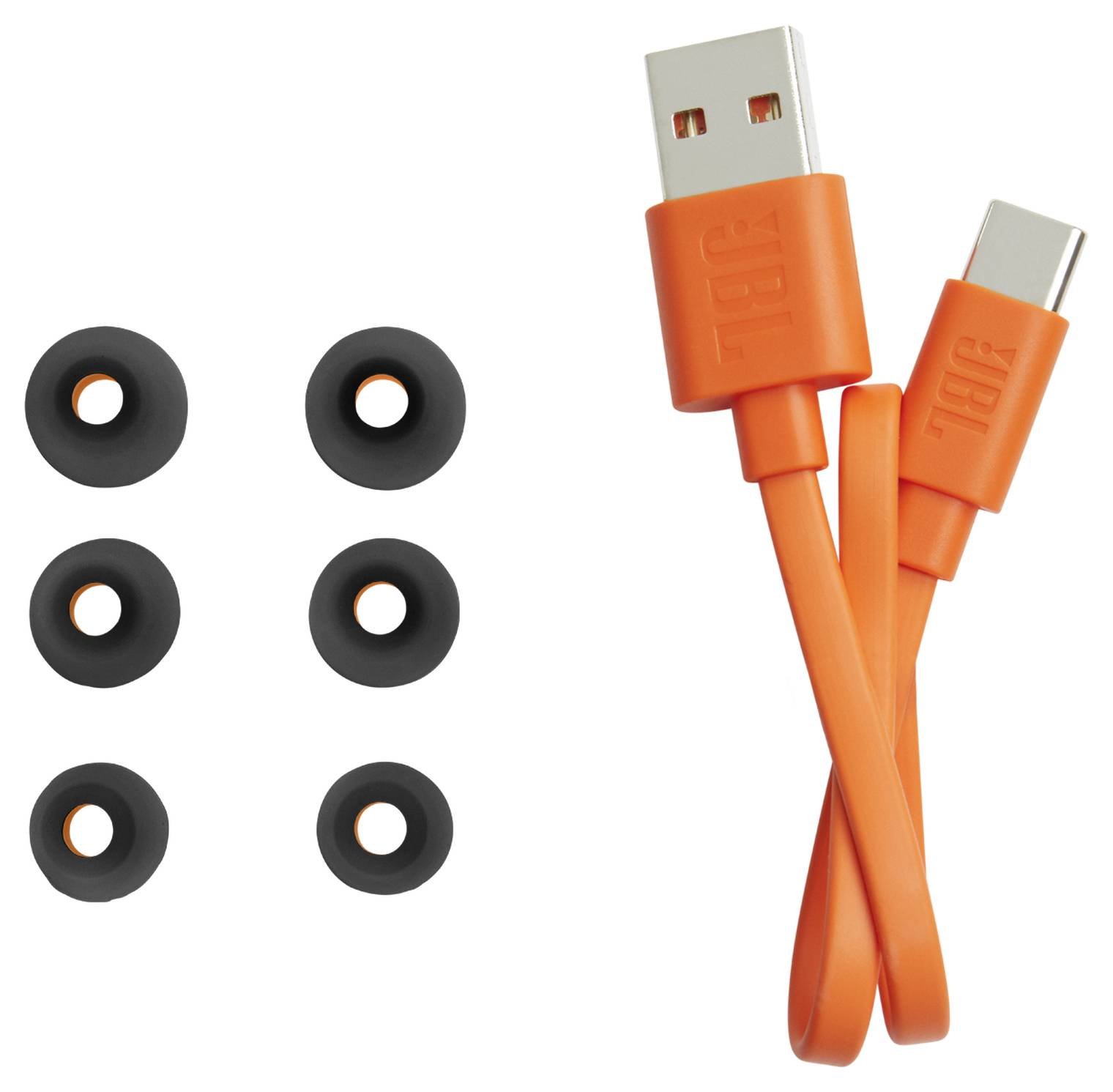 Un câble orange USB-C vers USB-A et six organisateurs de câbles noirs sont présentés.