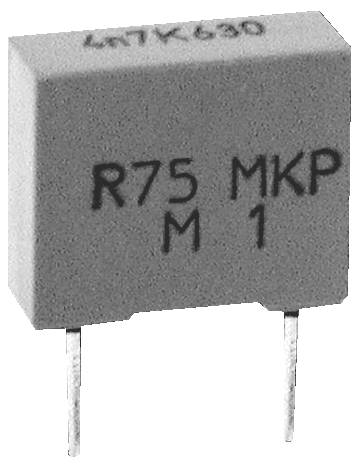 Un composant électronique rectangulaire étiqueté « R75 MKP M1 » avec deux broches métalliques s'étendant par le bas.
