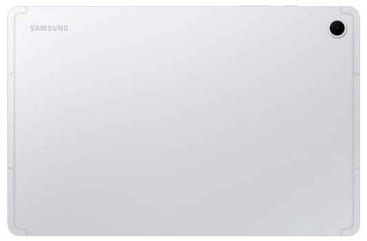 Une tablette Samsung blanche vue de dos, avec un unique objectif de caméra noir dans le coin supérieur droit.