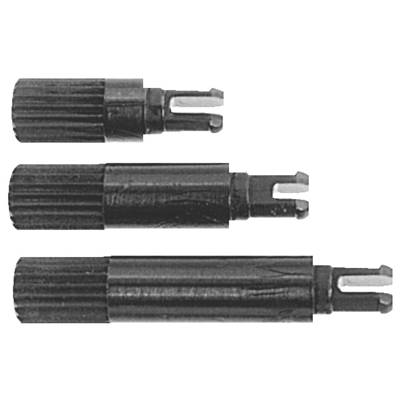 Trois outils cylindriques noirs de style stylo, avec des extrémités rainurées, ressemblant à des outils d'alignement ou de réglage, sont disposés en rang vertical.