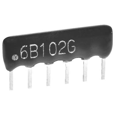 Un composant électronique noir à 6 broches, portant la mention « 6B102G », probablement un réseau de résistances ou un dispositif similaire, vu de côté.