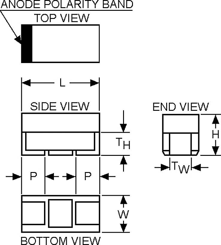 Un schéma de diode avec vues de dessus, latérale, frontale et inférieure ; les dimensions incluent la longueur (L), la largeur (W), la hauteur (H) et autres désignations.