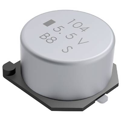 Un condensateur électrolytique rond en argent, avec les marquages « 104 », « 5,5 V » et « B8 S » sur le dessus, conçu pour les circuits électroniques.