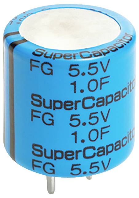Un supercondensateur cylindrique bleu étiqueté « 5,5 V 1,0 F » avec deux connexions métalliques pour le branchement électrique.