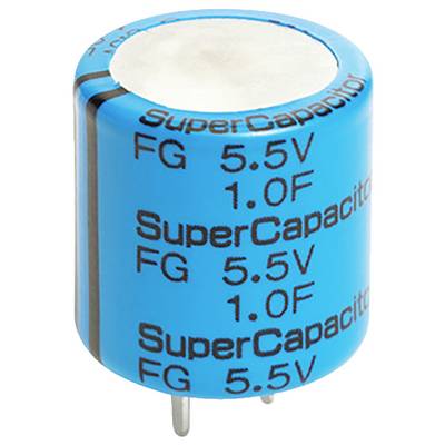 Un supercondensateur cylindrique bleu étiqueté « 5,5 V 1,0 F » avec deux connexions métalliques pour le branchement électrique.