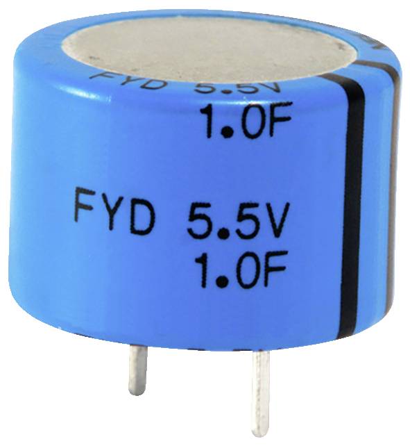 Un condensateur cylindrique bleu étiqueté « FYD 5,5V 1,0F » avec deux broches métalliques, utilisé pour stocker l'énergie électrique.