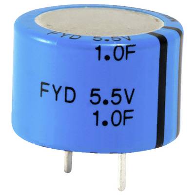 Un condensateur cylindrique bleu étiqueté « FYD 5,5V 1,0F » avec deux broches métalliques, utilisé pour stocker l'énergie électrique.