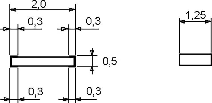 Dessin technique de deux formes rectangulaires. Le rectangle de gauche mesure 2,0 par 0,5 avec des marques de dimension supplémentaires. Le rectangle de droite est annoté avec 1,25.