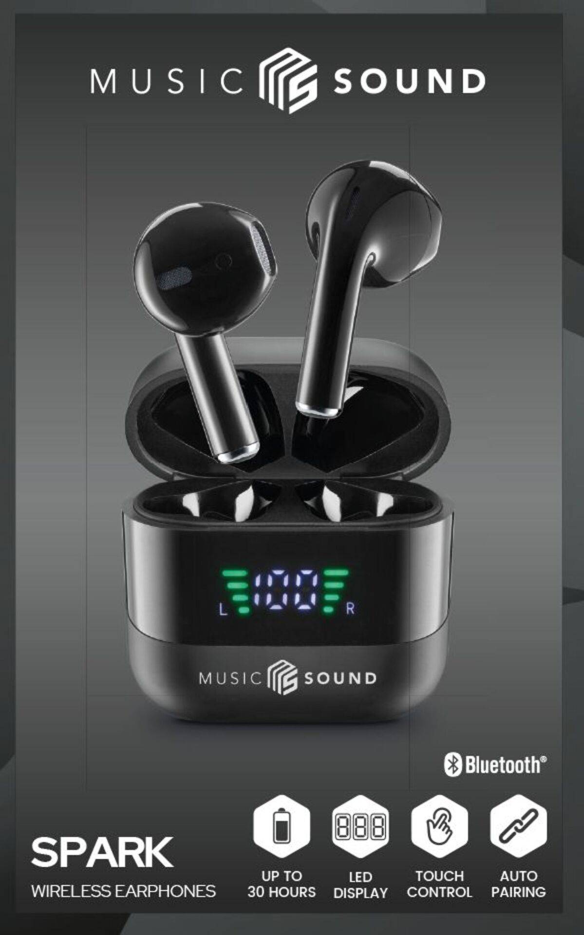 Écouteurs sans fil 'Music Sound Spark' avec affichage LED dans le boîtier de charge. Caractéristiques : jusqu'à 30 heures d'autonomie, Bluetooth, contrôle tactile, appairage automatique.