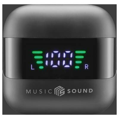 Boîtier d'affichage numérique « Music Sound » pour écouteurs, affichant un pourcentage de batterie de 100 % avec des barres indicatrices vertes pour les écouteurs gauche et droit.
