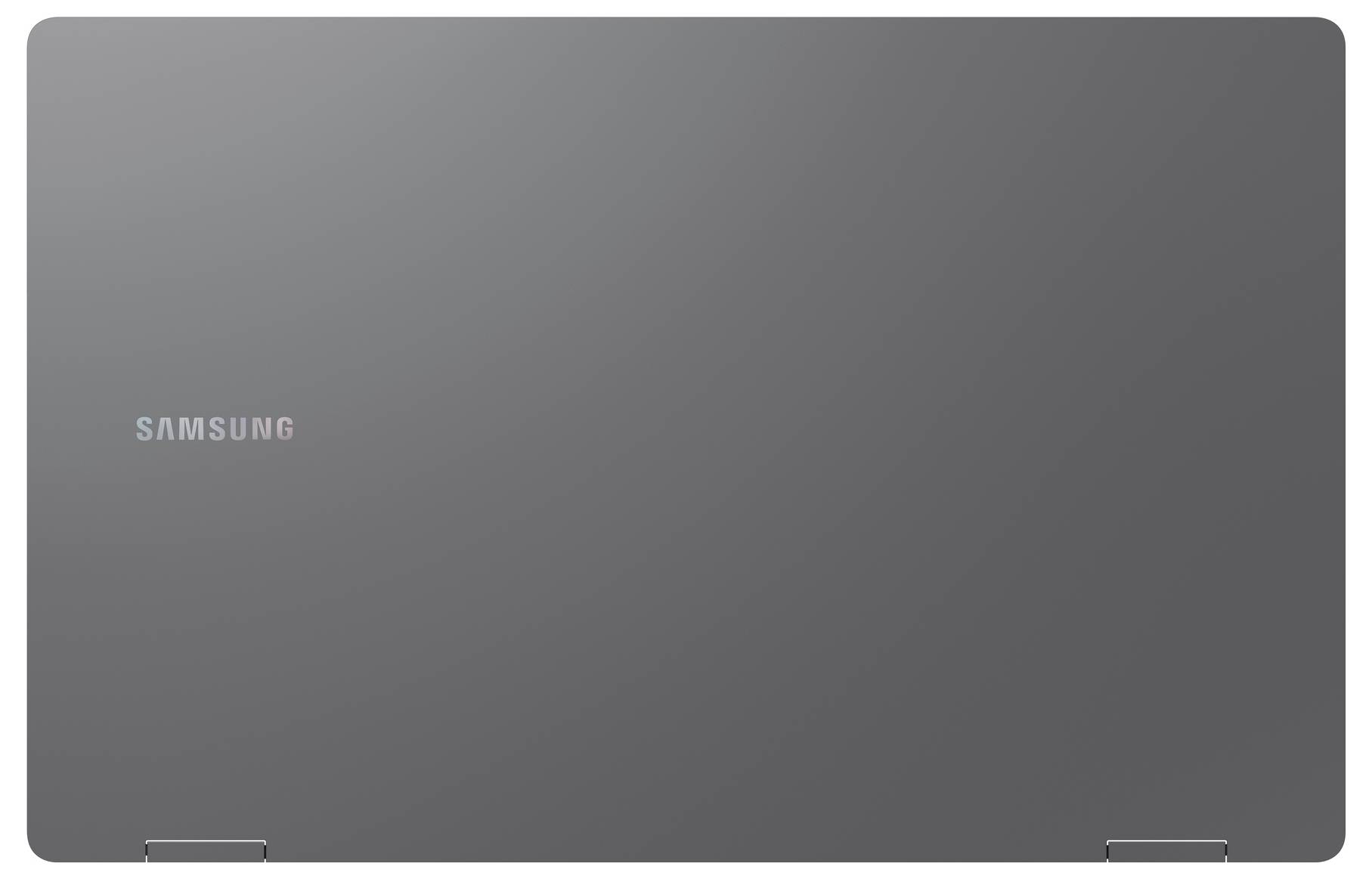 L'image montre le couvercle fermé d'un ordinateur portable Samsung avec une finition gris foncé élégante.