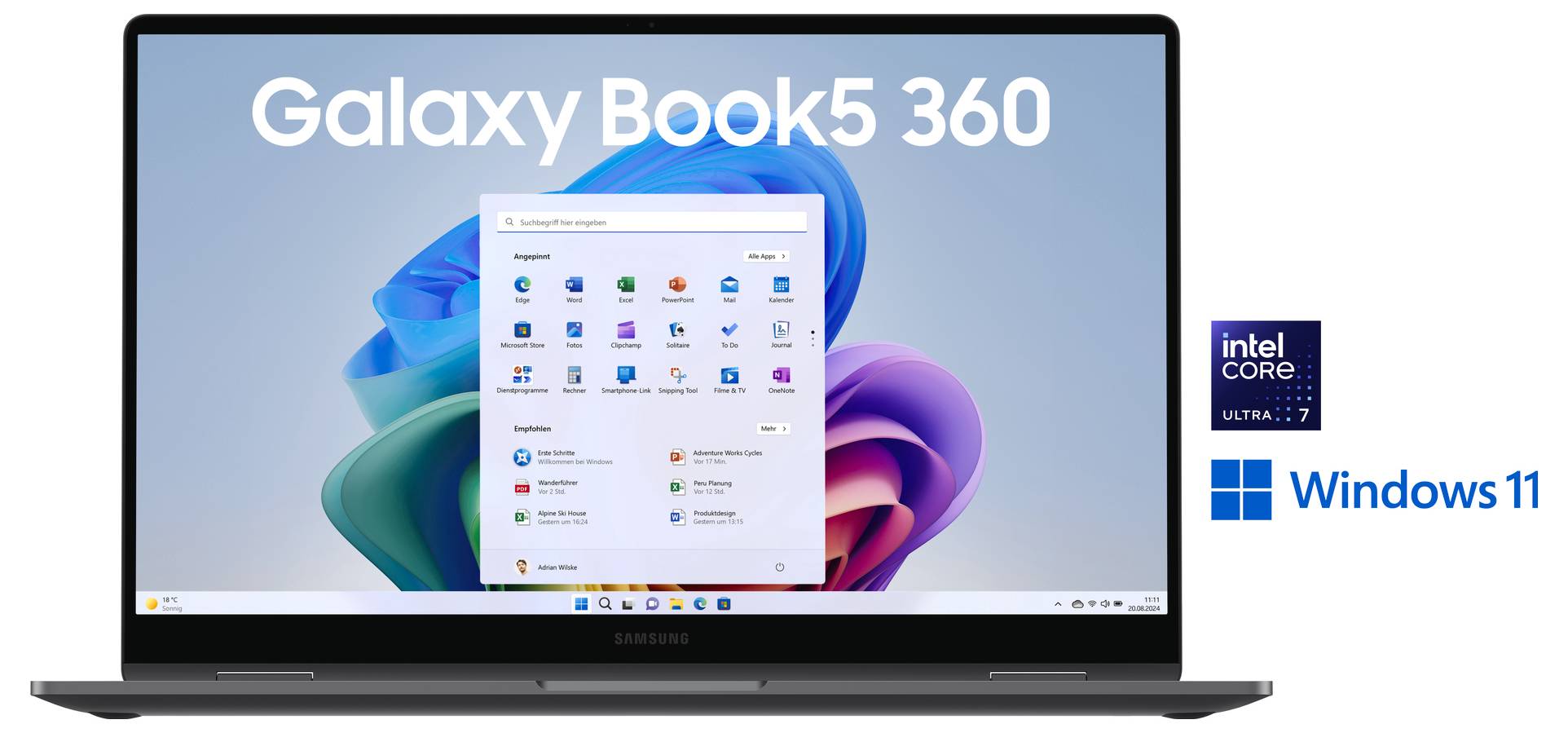 Ordinateur portable affichant l'écran d'accueil de Windows 11 avec le texte « Galaxy Book3 360 » au-dessus. Indique un processeur Intel Core i7.
