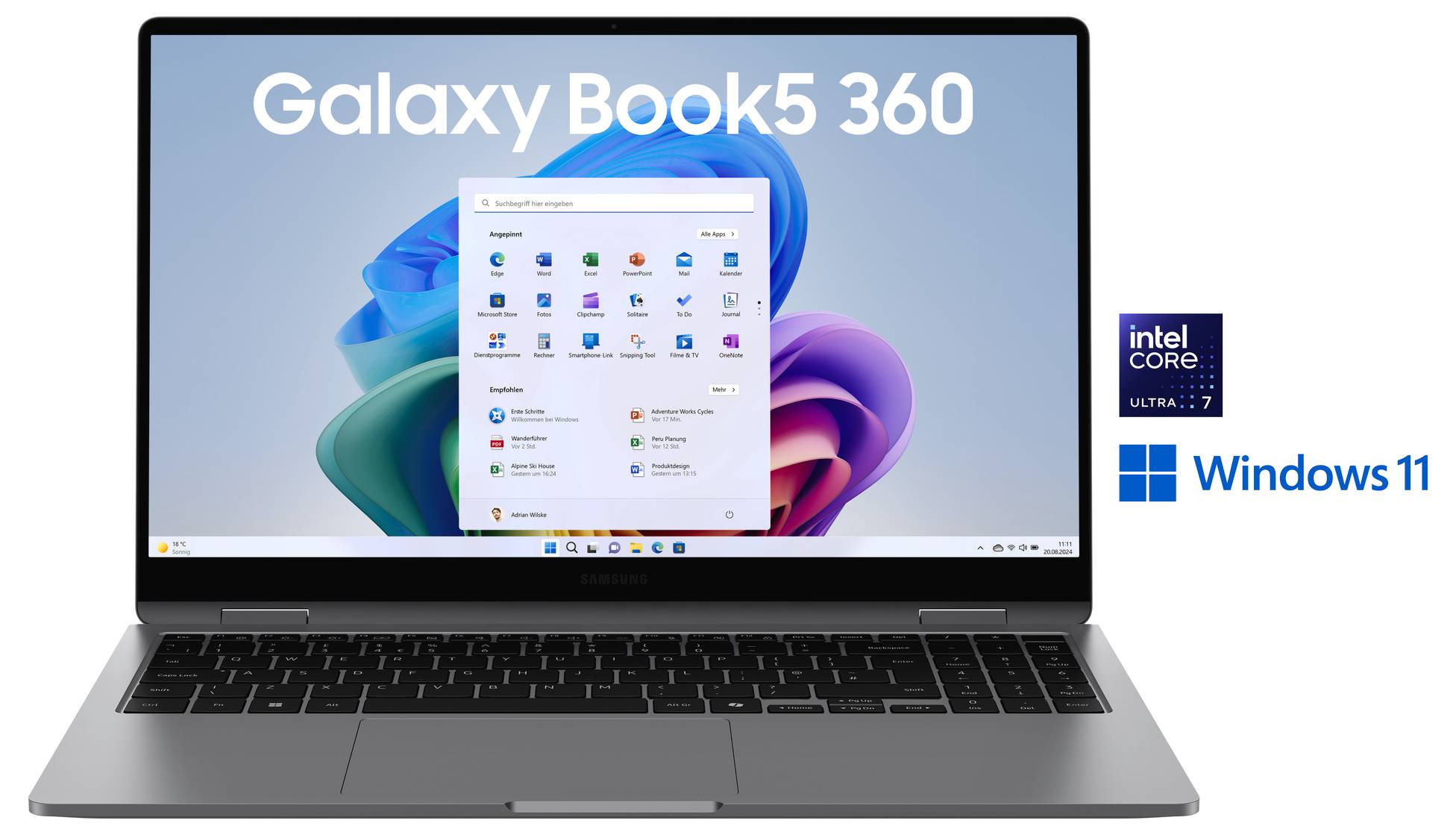 Un ordinateur portable Samsung Galaxy Book5 360 affichant un écran d'accueil Windows 11, mettant en évidence son utilisation avec un processeur Intel Core i7 et sa compatibilité avec Windows 11.