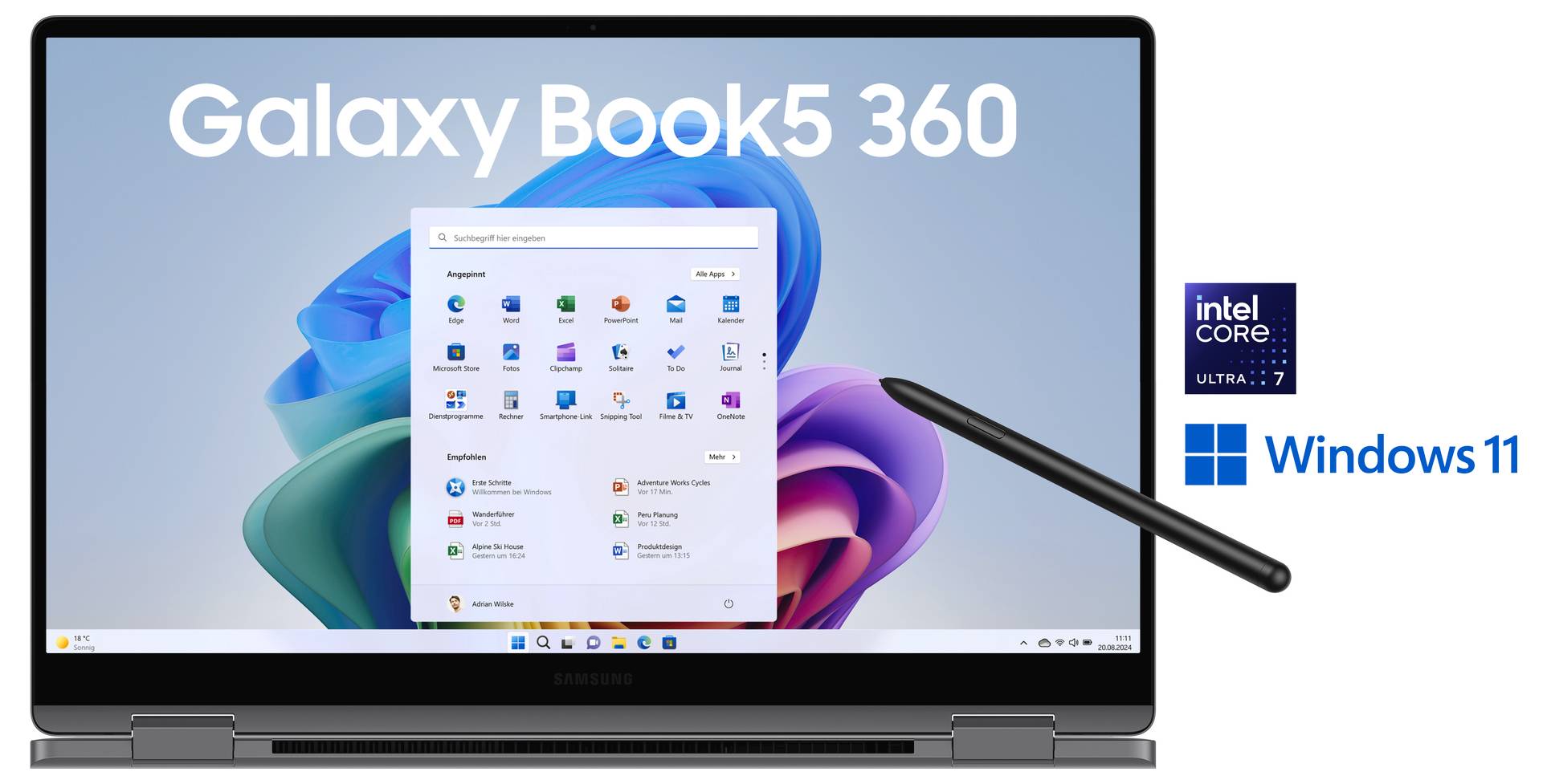 Un ordinateur portable avec 'Galaxy Book5 360' affiché à l'écran, montrant le menu de démarrage de Windows 11. Un logo Intel Core i7 et Windows 11 sont placés à côté.