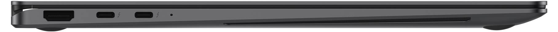 Un ordinateur portable noir fermé vu de profil, montrant des ports, dont deux ports USB et un port Ethernet.