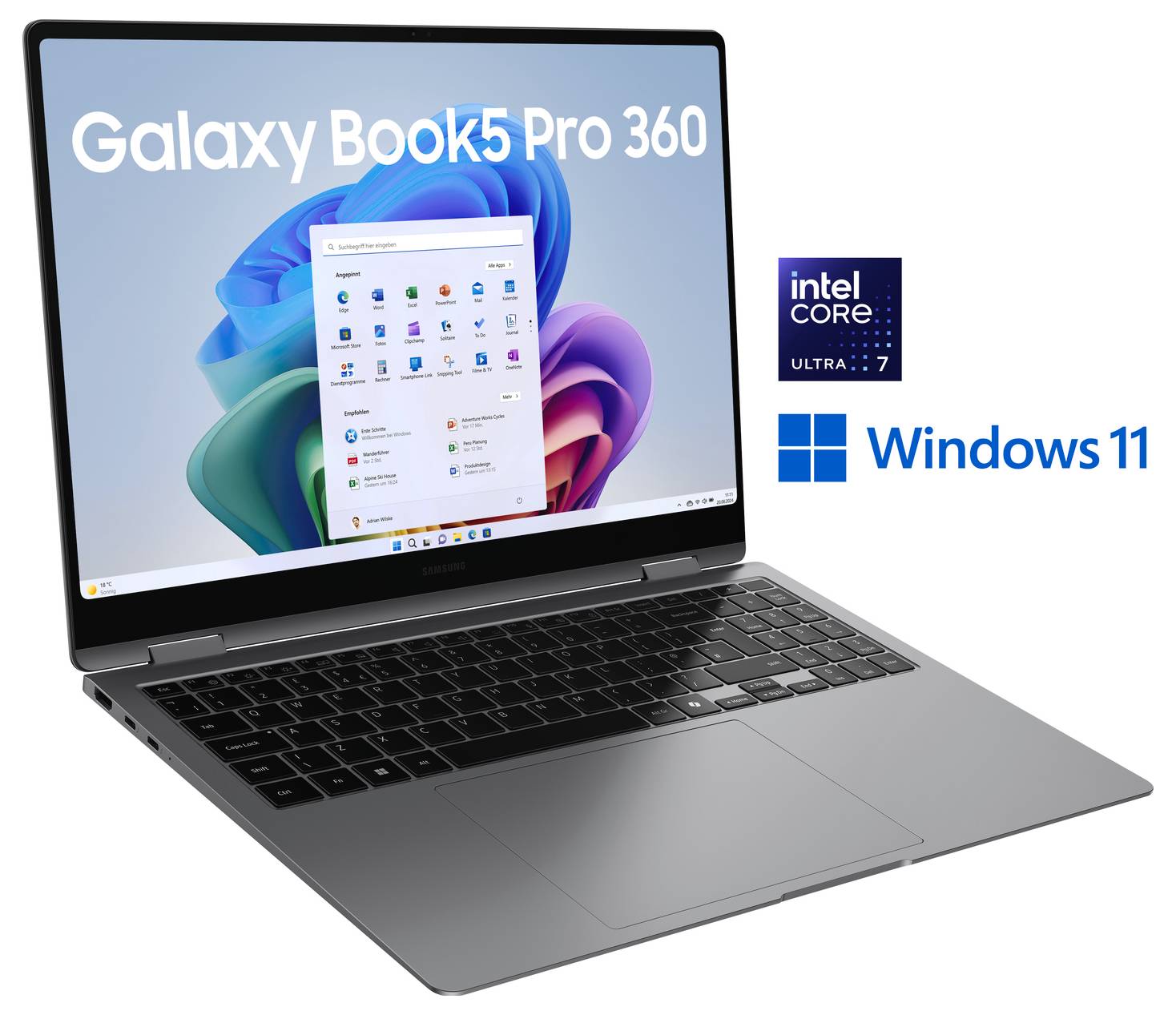 Un ordinateur portable Samsung Galaxy Book 5 Pro 360 avec une interface Windows 11 à l'écran. Les logos Intel Core i7 et Windows 11 sont visibles à côté de lui.