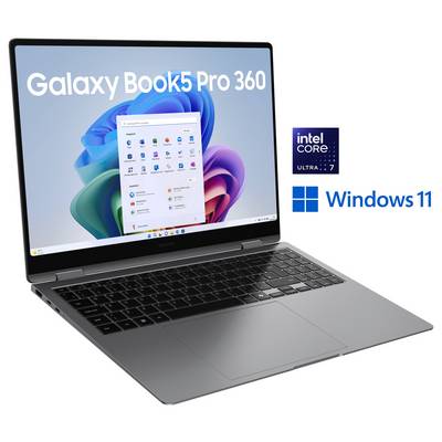 Un ordinateur portable Samsung Galaxy Book 5 Pro 360 avec une interface Windows 11 à l'écran. Les logos Intel Core i7 et Windows 11 sont visibles à côté de lui.