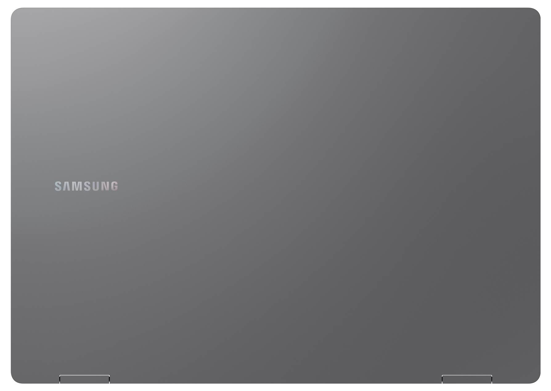 Un ordinateur portable Samsung fermé avec une finition grise élégante, affichant le logo de la marque sur le couvercle supérieur.