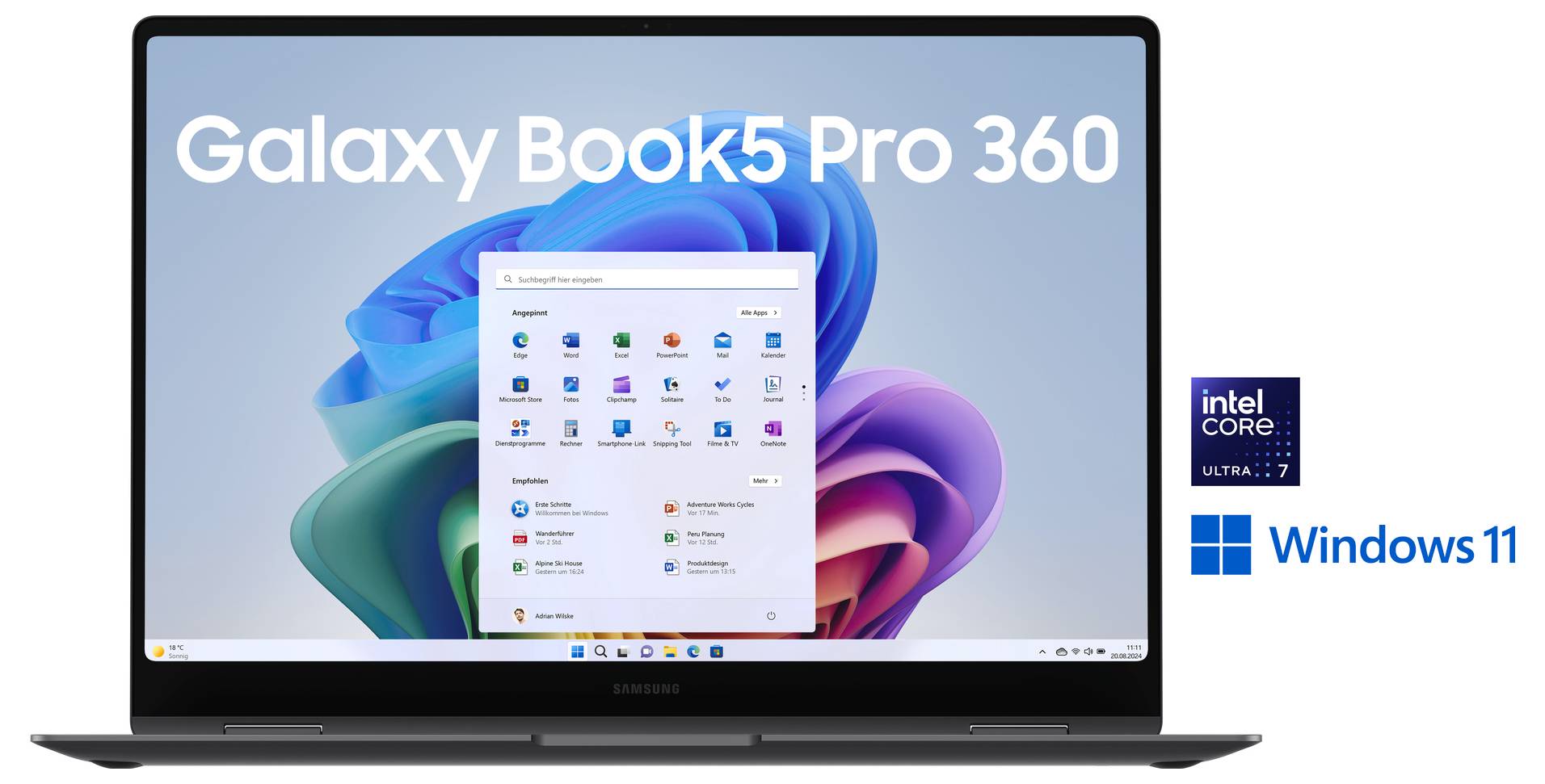 Écran d'ordinateur portable affichant Windows 11 avec des icônes d'applications et le texte « Galaxy Book5 Pro 360 » en haut. Logos Intel et Windows sur la droite.