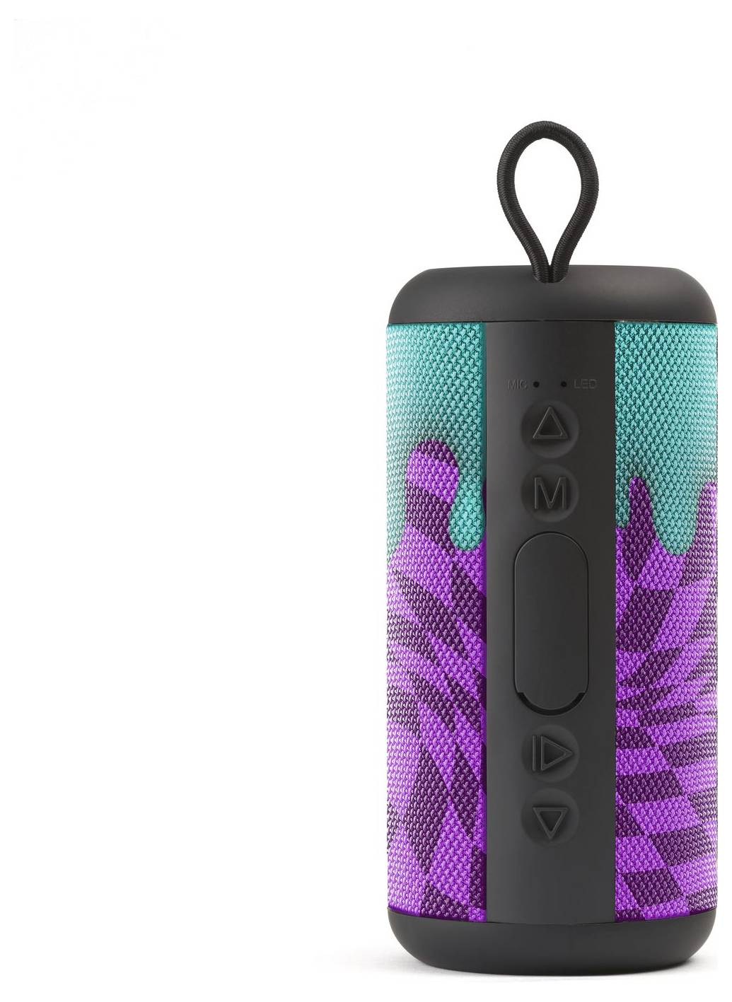 Enceinte portable avec un design coloré et abstrait et des boutons de contrôle sur le devant, dotée d'une poignée de transport sur le dessus.
