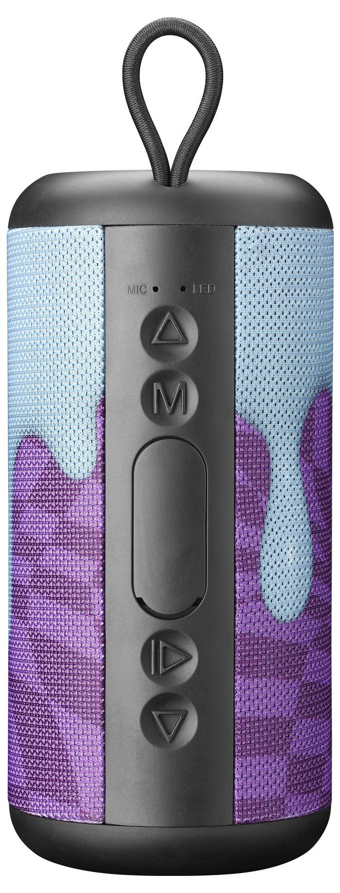 Haut-parleur Bluetooth portable avec un design coloré, présentant des motifs bleus et violets, et des boutons de contrôle sur la façade.