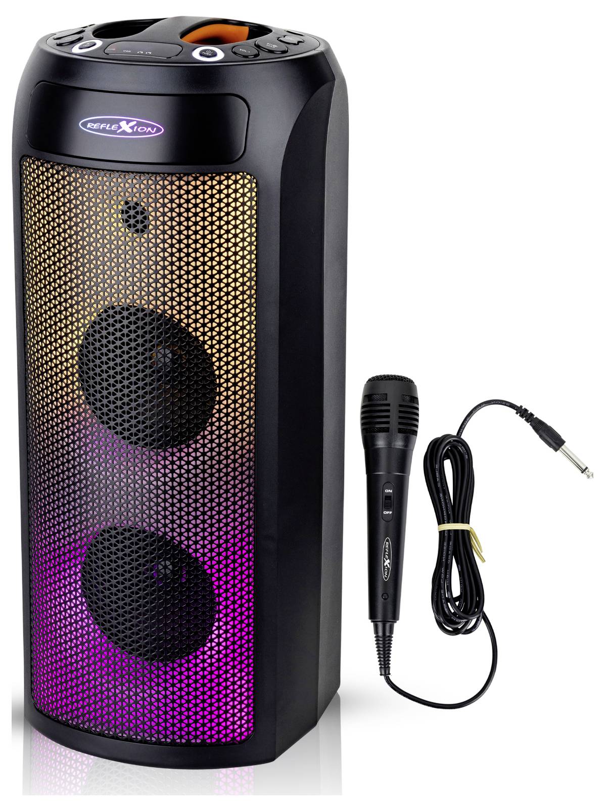 Enceinte portable avec des lumières LED colorées, deux haut-parleurs, un panneau de contrôle sur le dessus et un microphone filaire à côté pour karaoké.