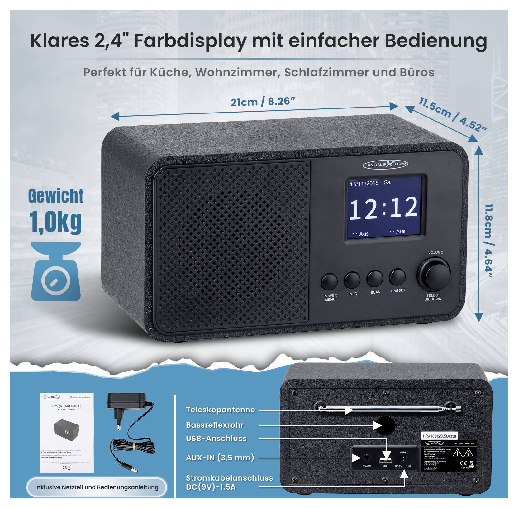 Radio avec écran couleur de 2,4 pouces, utilisation simple. Affiche l'heure et la date. Parfait pour la cuisine, la chambre. Poids 1,0 kg, Bluetooth, AUX.