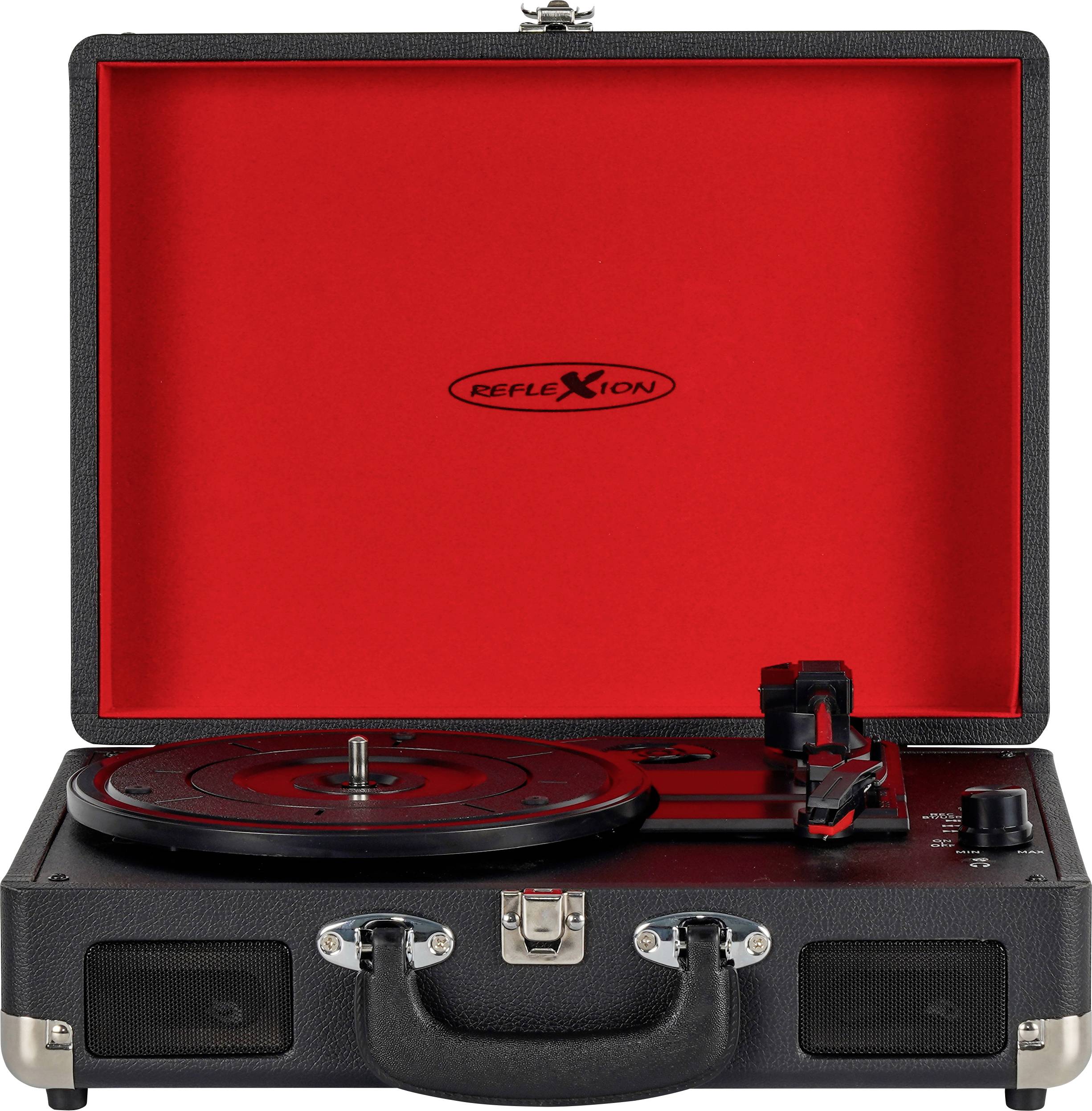 Un tourne-disque portable dans un design de valise noire, avec un intérieur rouge affichant le logo 'Reflexion', comprenant des commandes et une platine vinyle.