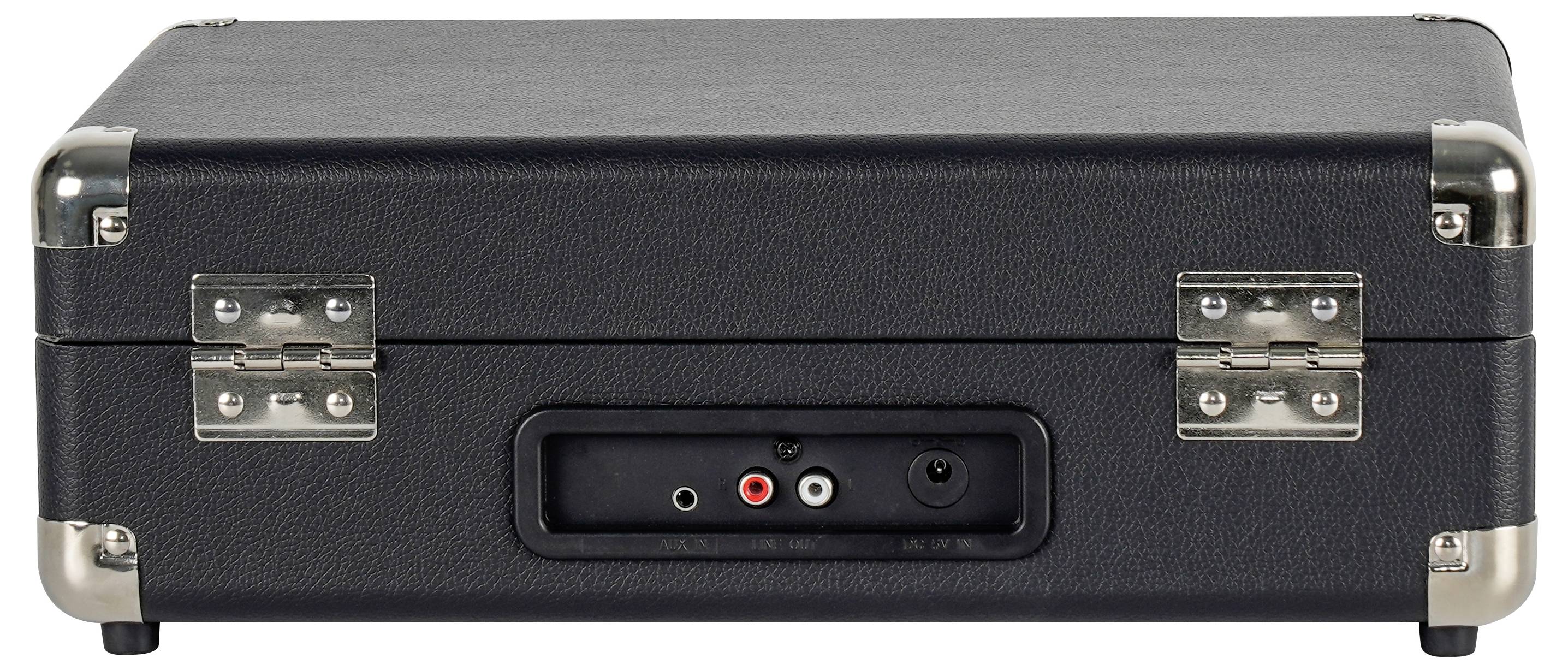 Un boîtier noir rectangulaire avec des coins en métal et des détails de charnière, comprenant des prises d'entrée et de sortie audio sur le panneau latéral.