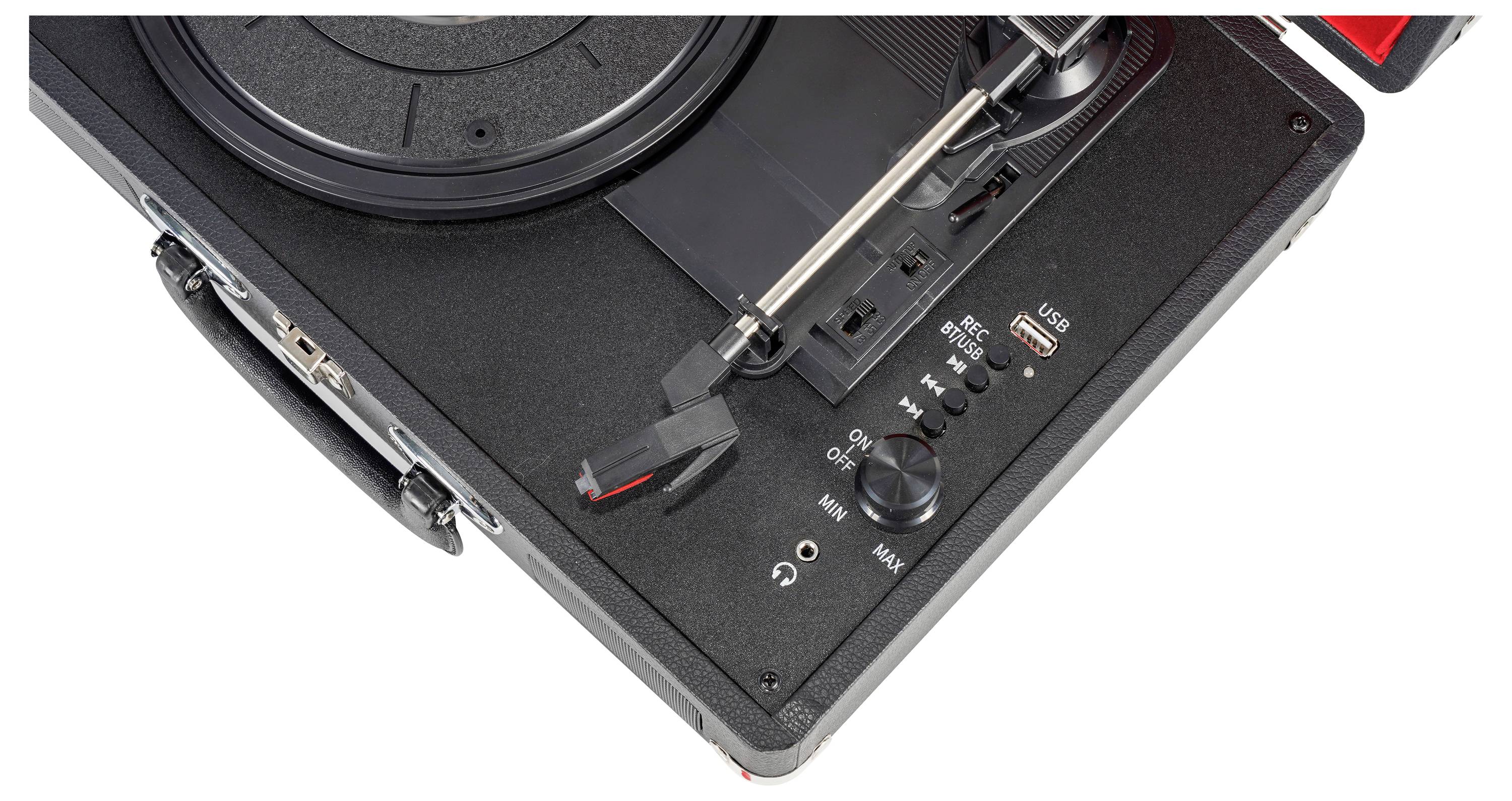 Un gros plan d'une platine vinyle avec un bras de lecture, des boutons de contrôle et un port USB, installée dans un boîtier noir.