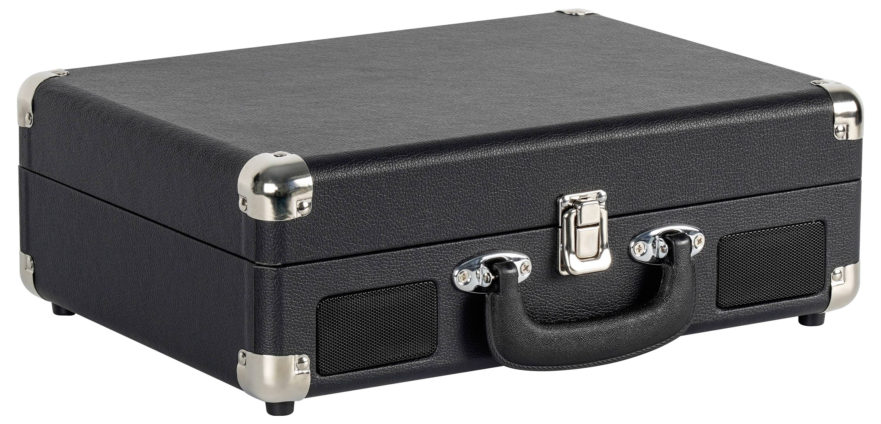 Une valise rectangulaire noire avec des protège-coins en métal et un fermoir est fermée. Elle possède une poignée robuste et semble compacte et portable.