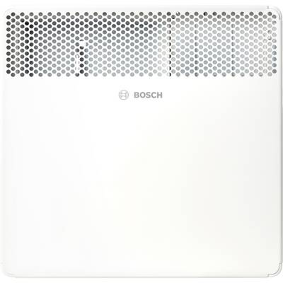 Un radiateur blanc Bosch avec une grille de ventilation à motifs sur la partie supérieure, affichant le logo Bosch au centre.