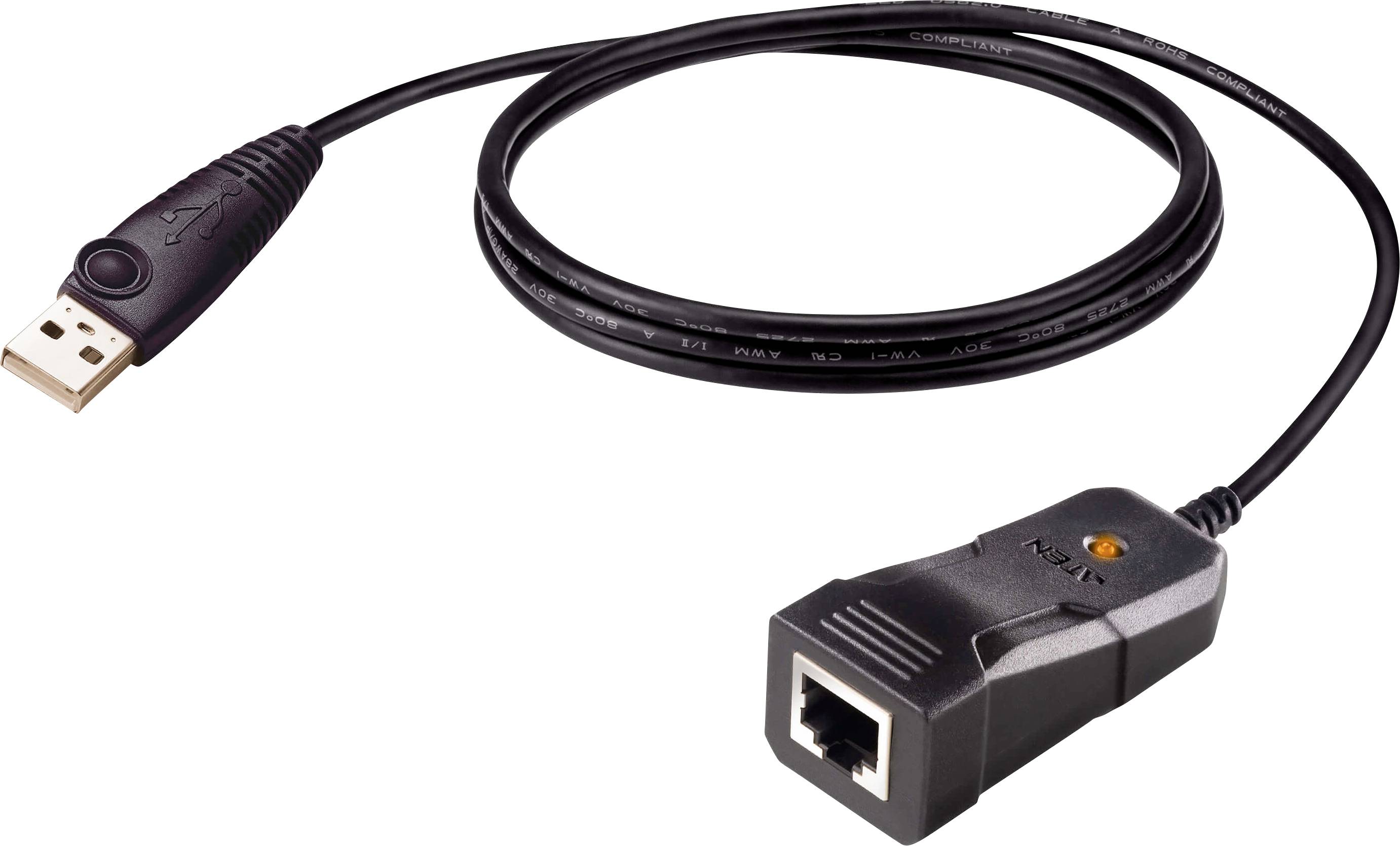 Un adaptateur USB vers Ethernet doté d'une fiche USB à une extrémité et d'un port Ethernet à l'autre, utilisé pour les connexions réseau.