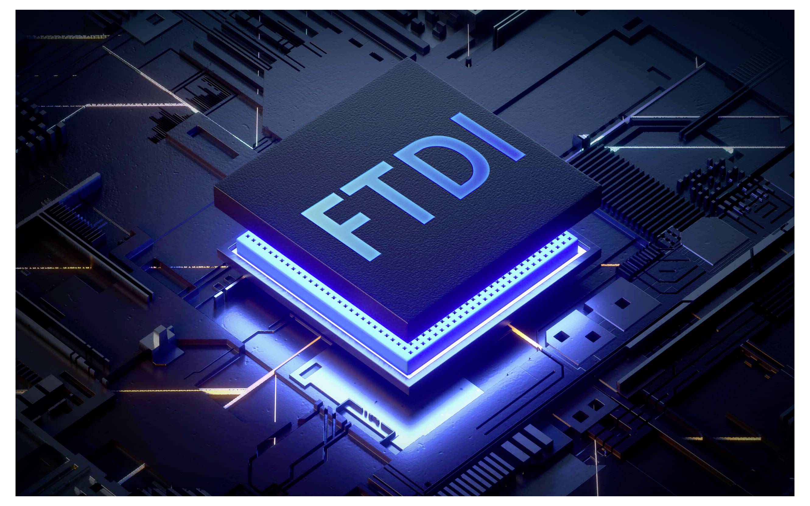 Puce 'FTDI' sur une carte de circuit imprimé, émettant une lueur bleue, entourée de chemins interconnectés.