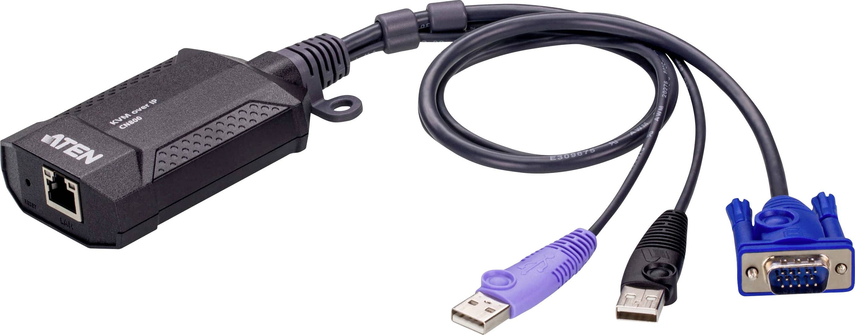 Un commutateur KVM (Clavier, Vidéo, Souris) avec un câble doté d'un connecteur VGA, d'un connecteur USB et d'un port réseau pour la connexion d'ordinateur.