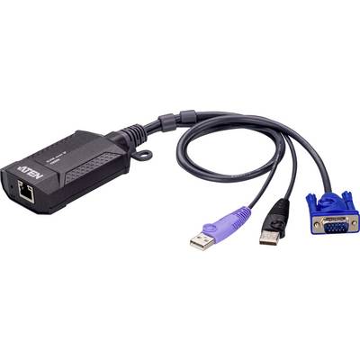 Un commutateur KVM (Clavier, Vidéo, Souris) avec un câble doté d'un connecteur VGA, d'un connecteur USB et d'un port réseau pour la connexion d'ordinateur.