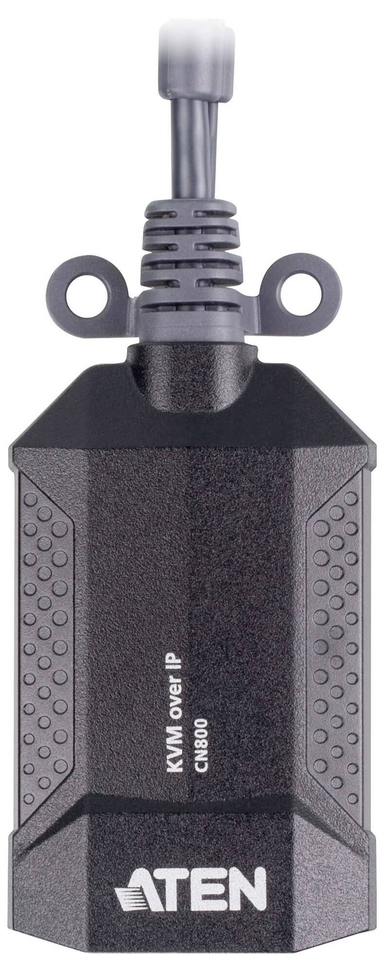 Une vue rapprochée de l'avant d'un appareil KVM sur IP noir ATEN, modèle CN8000, présentant un design compact et une construction robuste.
