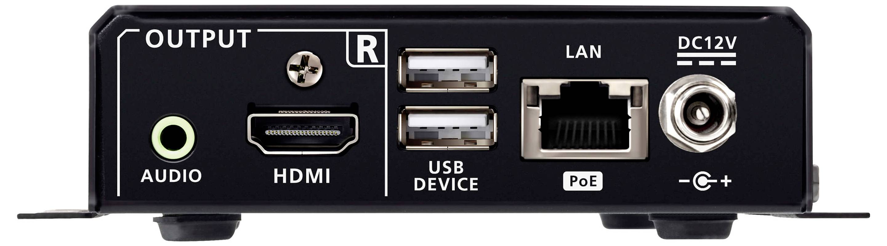 Panneau arrière d'un appareil avec les ports étiquetés : sortie audio, HDMI, deux ports USB, LAN (PoE) et entrée d'alimentation DC12V.