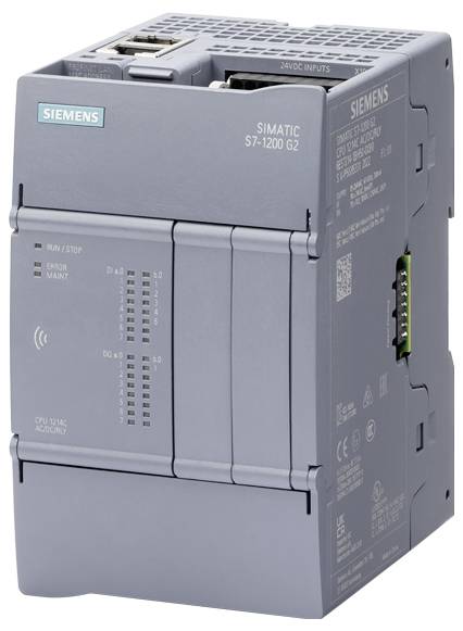 Un contrôleur logique programmable (PLC) Siemens SIMATIC S7-1200 G2 avec divers ports et voyants lumineux, utilisé pour l'automatisation industrielle.
